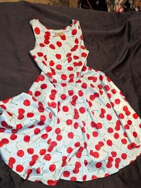 Vintage-Inspired Cherry Print Midi Dress - Light Blue & Red
